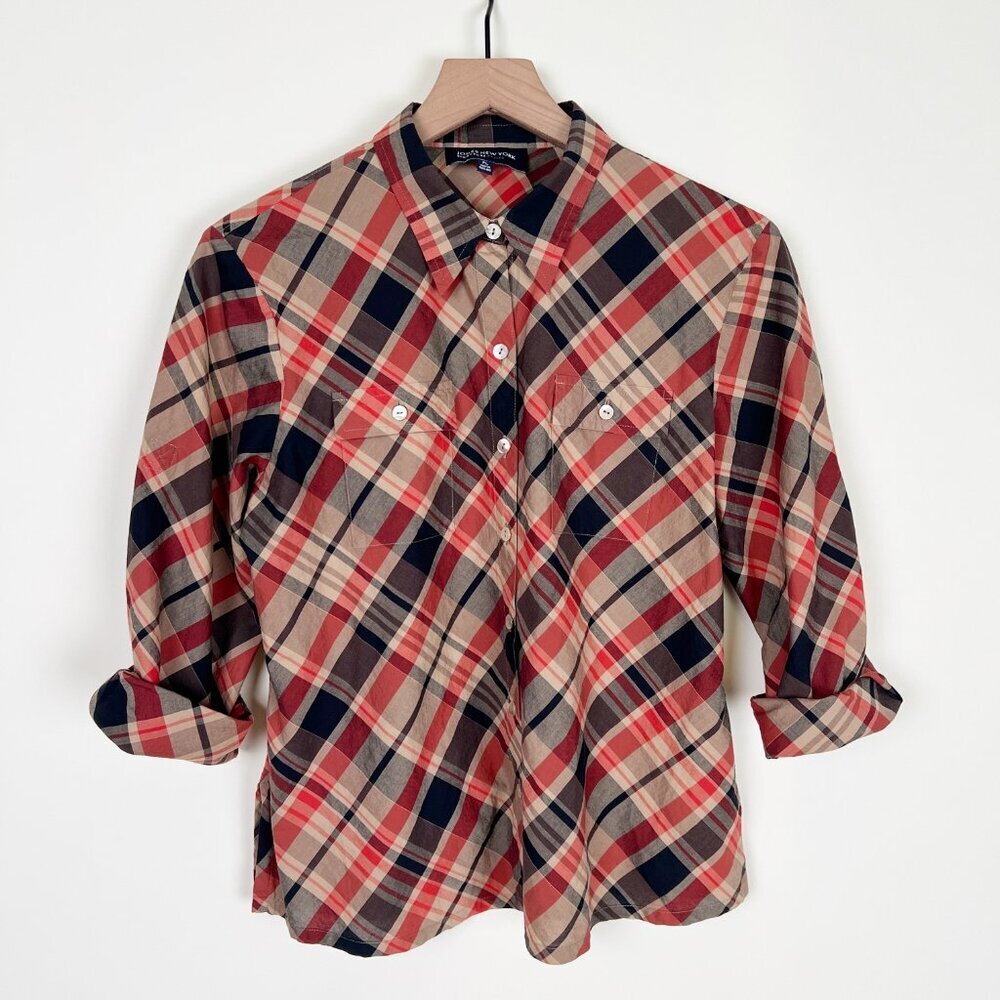 Vintage 90s Y2K Plaid Print Button Down Shirt Top Blouse Fall Christmas Preppy - Picture 5 of 7